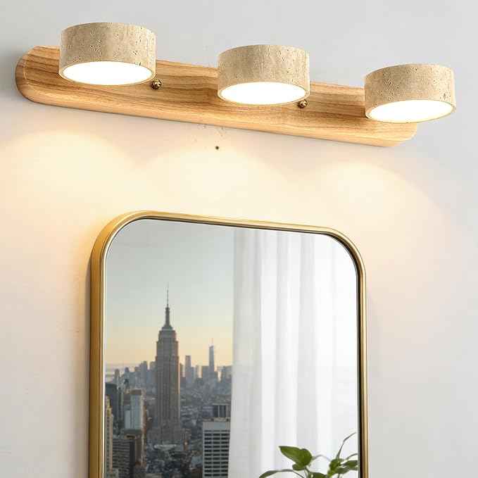 Travertine Vanity Light, 300° Swivel Japandi Ash Wood LED Wall Sconce, Natural Stone Mirror Lighting Fixtures, 20" 3-Light Modern Rustic Wall Lamp for Bathroom & Bedroom (110V)