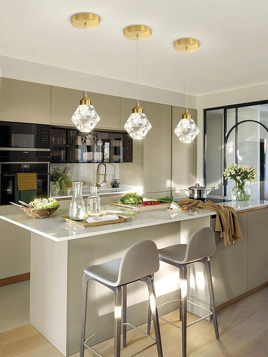 1-Light Crystal Pendant Light for Kitchen Island,Gold Chandelier Lights Fixture, Hanging Lighting Ceiling Light Fixture Modern Adjustable Pendant Lighting for Dining Room Bedroom