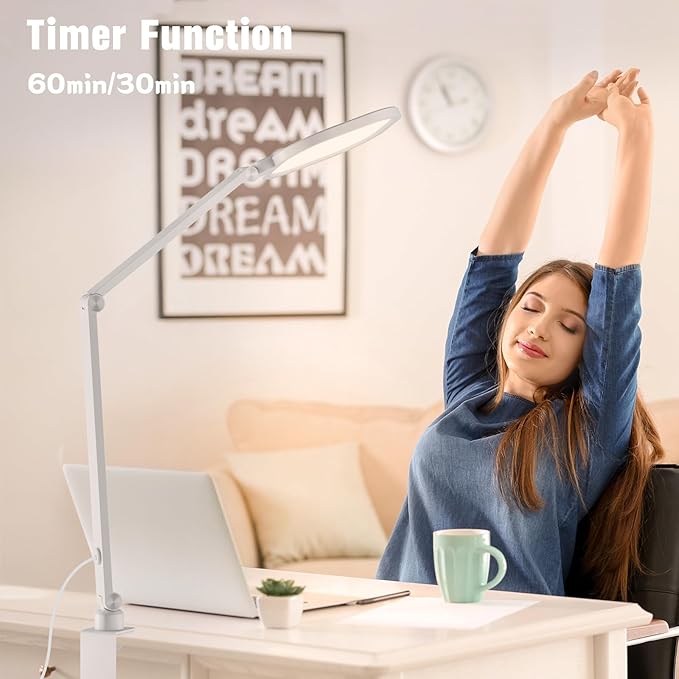 LED Desk Lamp for Home Office, 15W Desk Light with C- Clamp, Swing Arm, Memory & Timer Function, 1200LM Dimmable Computer Light for Video Calls, Conference, Study (White-Clamp) - Aura Lighting