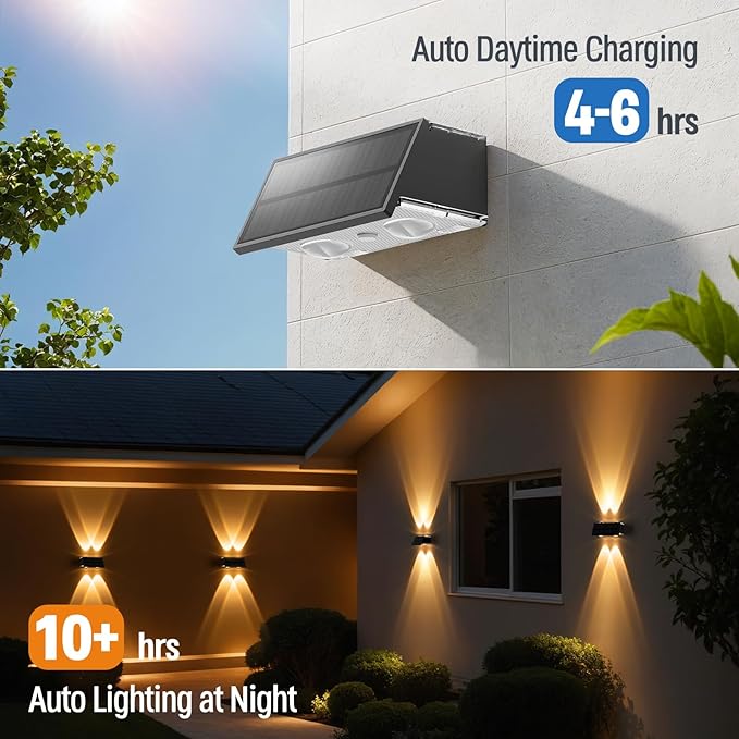NIORSUN Solar Fence Lights,6 Pack Deck Light,Led Outdoor Lights 3000K/4500K/6000K+ RGB Up & Down Wall Lights Waterproof,Solar Powered Light for Backyard/Pool/Railing/Patio/Porch/Step