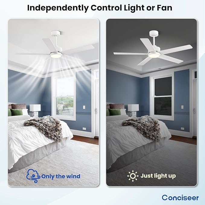 Modern Ceiling Fans with Lights,52 Inch Ceiling Fans with Remote for Bedroom Living Room Kitchen, 18W 3CCT Dimmable，5 Blades 6 Speed Reversible Quiet DC Motor White