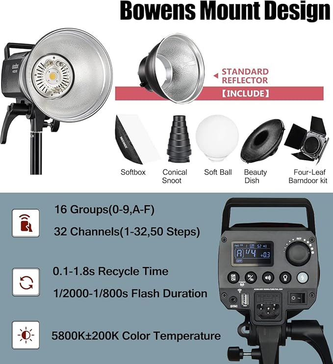 Godox 2pcs MS300V 600W Studio Strobe Flash Light Kit,2.4G Bowens Mount Lighting Flash GN58 5800K with AT-16 Trigger,Light Stands,Softboxes,Umbrella,Reflector,Carry Bag for Portrait Product Photography