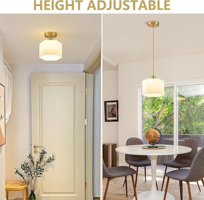 1 Pack Milk Glass Pendant Lights Kitchen Island, Modern Gold Hanging Light Fixture, Mid-Century Hexagonal Ceiling Lamp, Mini Farmhouse Chandelier for Dining Room Sink Bathroom Bedroom Hallway