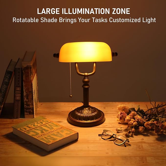 TORCHSTAR Bankers Desk Lamp with Pull Chain Switch, Amber Glass Shade Desk Lamps, Bronze Base, E26 Base, Vintage Library Lamp for Office, Study Room(Matted Orange)
