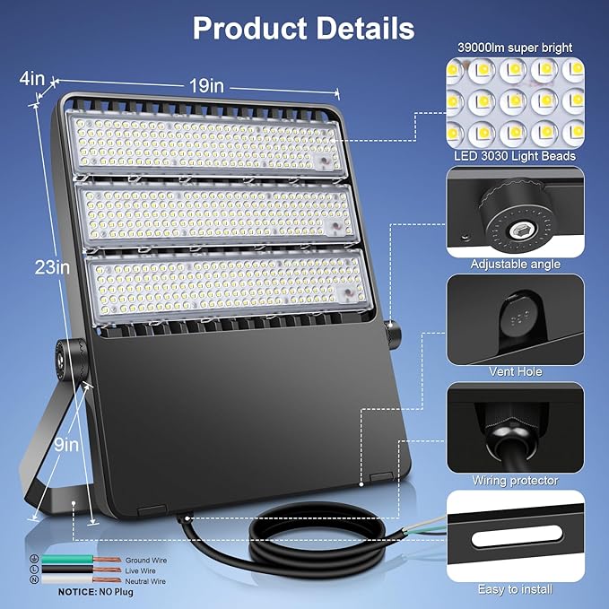 52200LM LED Stadium Flood Light Commercial Eqv 2400W Super Bright 145LM/W 5500K 360W LED Arena Light Outdoor 85-277V IP65 Waterproof Backyard Wall Yoke Mount Fixture 2 Pack