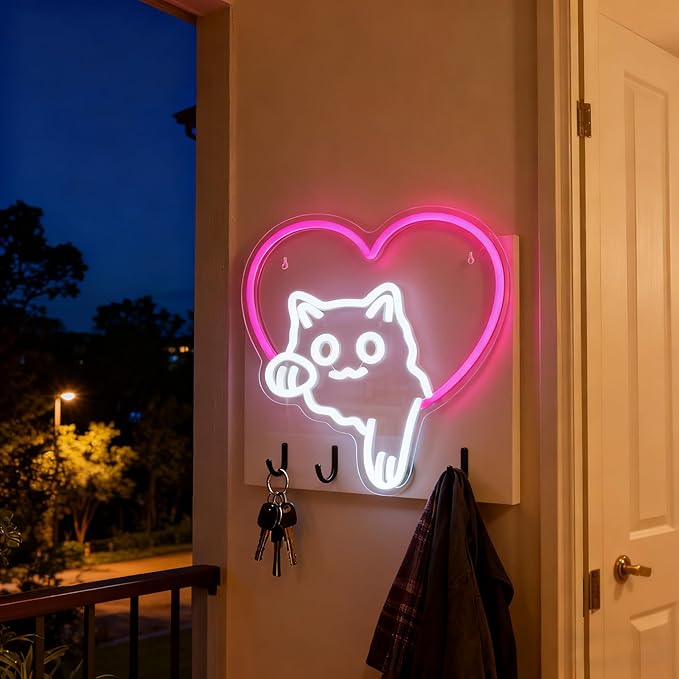 Cat Neon Sign Cute Pink Heart Cat LED Lights, Dimmable Animal Neon Sign for Wall Decor, Cat Lover Gift, Bedroom Wall Art, Living Room, Game Room, Pet Shop, Kawaii Home Accent(12.91 × 13.11 in)