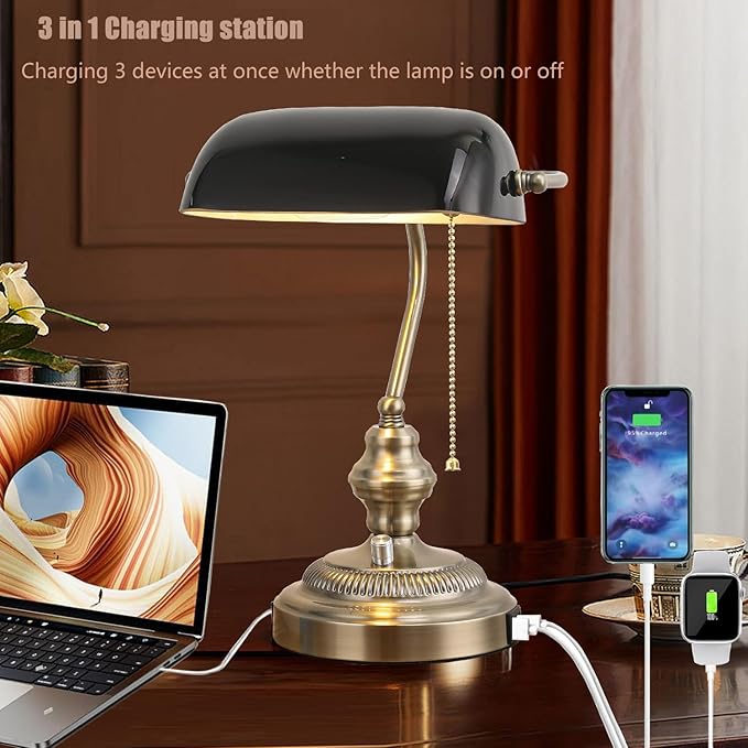 Rustic Banker's Desk Lamp Stepless Dimmable, Traditional Bankers Desk Lamp with USB Port and Outlet, Vintage Farmhouse Table Lamp for Home Office Library