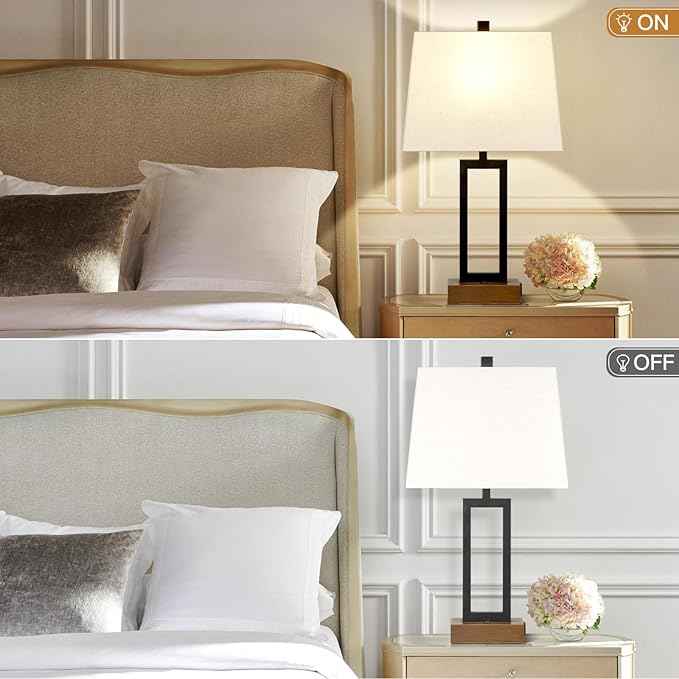 Table Lamps Set of 2 with 2 USB Ports and AC Power Outlet, Modern Bedside Lamp, Wood Nightstand Lamp with Linen Shade for Living Room Bedroom End Table Hotel Desk(LED Bulb Included)