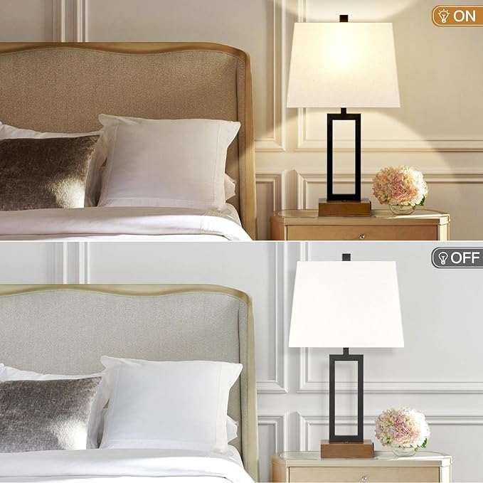 23.5" Table Lamps Set of 2, Modern Black Bedside Lamps with 2 USB Ports & AC Outlet, Contemporary Nightstand Lamps with Wood Base for Bedroom Living Room(LED Bulb Included) - Aura Lighting