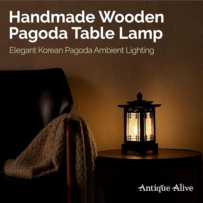 Antique Alive Traditional Korean Wood Lamp | Handmade Asian Oriental Table Lantern | Bedside Bedroom Accent Light | Unique Gift Idea | Hanok Design (Brown) (Pagoda)