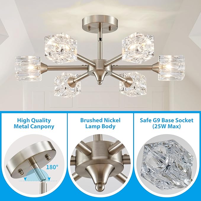 XINGQI Brushed Nickel Chandelier 6-Light 20" Semi Flush Mount Ceiling Light Fixture Modern Round Sputnik Chandelier for Bedroom Entryway Dining Room Living Room - Aura Lighting