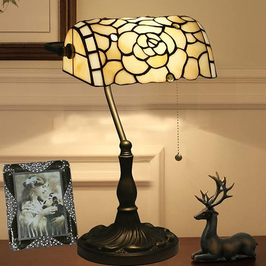 Banker Lamp, Bankers Lamps for Desk,Banker Desk Lamp,Tiffany Bankers Lamp, Stained Glass Lamp, Humming Bird Flower Rose Butterfly Pattern Coloured Glass Lampshade Alloy Base,Beige Rose