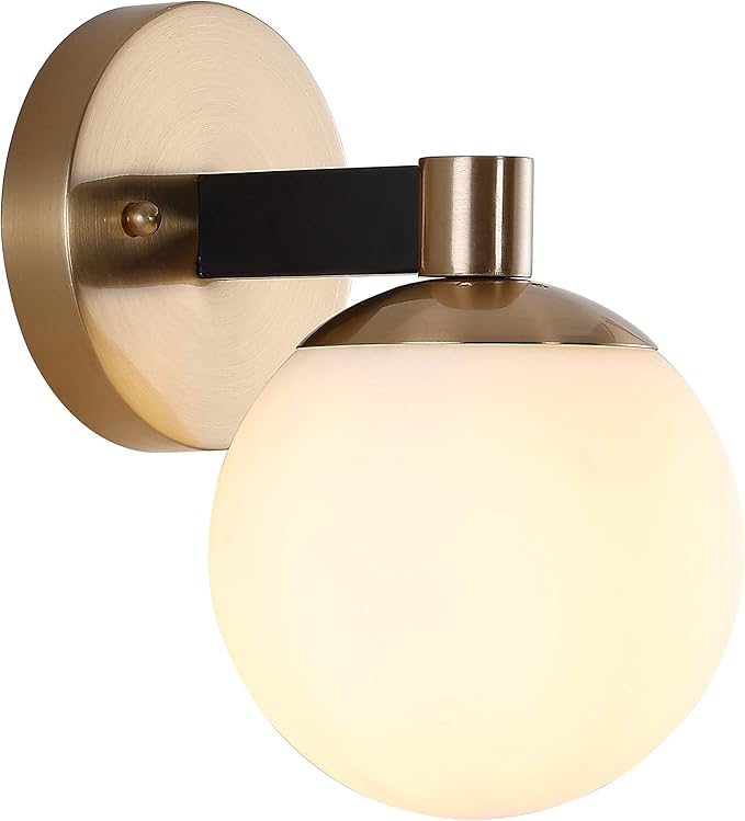 JONATHAN Y 5.75" Brass Gold/Black Modern Globe LED Vanity Wall Sconce Light, White Frosted Glass Shade, Mid-Century Art Deco Wall Lamp for Bathroom, Kitchen, Hallway JYL3540A