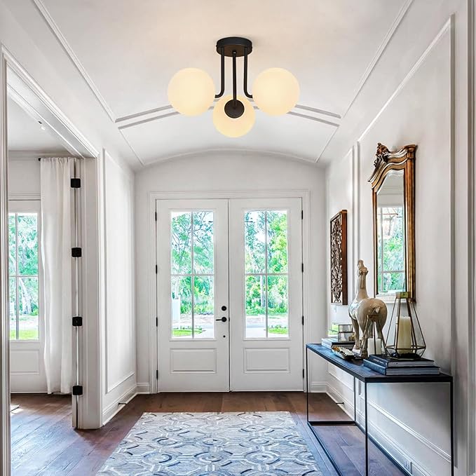3-Light Modern Black Ceiling Light with Globe White Glass Shade Farmhouse Semi Flush Mount Ceiling Light Sputnik Chandeliers for Bedroom Living Room Dinning Room Foyer Hallway - Aura Lighting