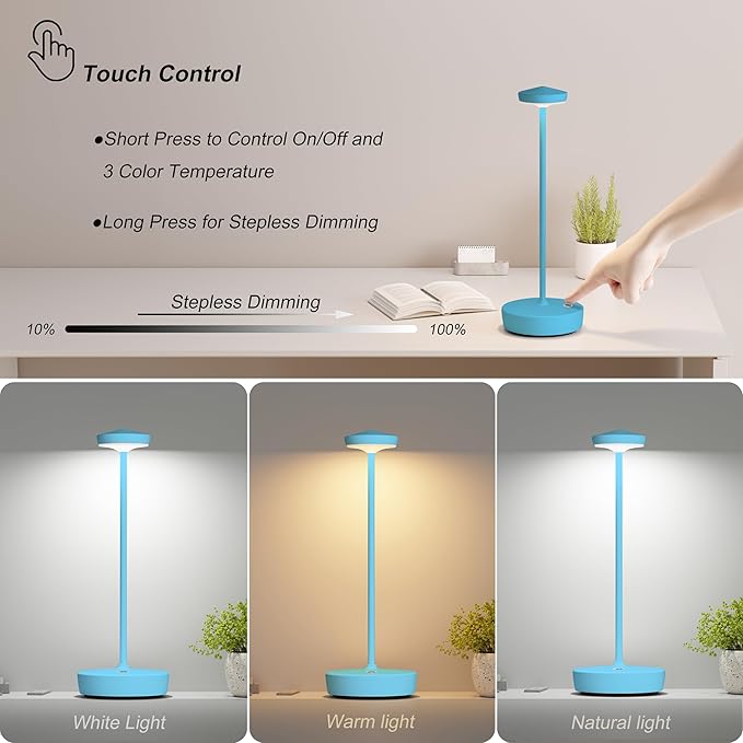1 Pack Cordless Table Lamp Rechargeable - LED Battery Table Light with 3 Color Temperatures, Stepless Dimming, Waterproof Aluminum for Indoor Outdoor, Patio, Restaurant, Dinner (Blue)