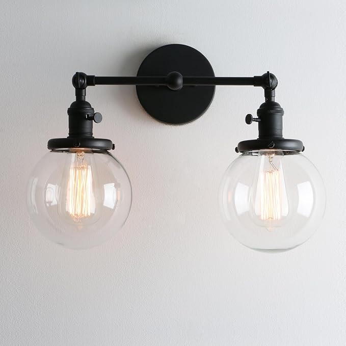 Phansthy 2 Light Industrial Glass Wall Sconce, Bathroom Wall Light with On Off Switch and Swing Arm, 5.9" Diameter Globe Lampshade Wall Lamps for Vanity Mirror Living Room Bedroom (Black)