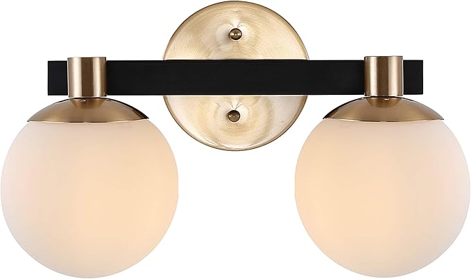 JONATHAN Y 5.75" Brass Gold/Black Modern Globe LED Vanity Wall Sconce Light, White Frosted Glass Shade, Mid-Century Art Deco Wall Lamp for Bathroom, Kitchen, Hallway (JYL3541A)