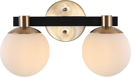 JONATHAN Y 5.75" Brass Gold/Black Modern Globe LED Vanity Wall Sconce Light, White Frosted Glass Shade, Mid-Century Art Deco Wall Lamp for Bathroom, Kitchen, Hallway (JYL3541A)