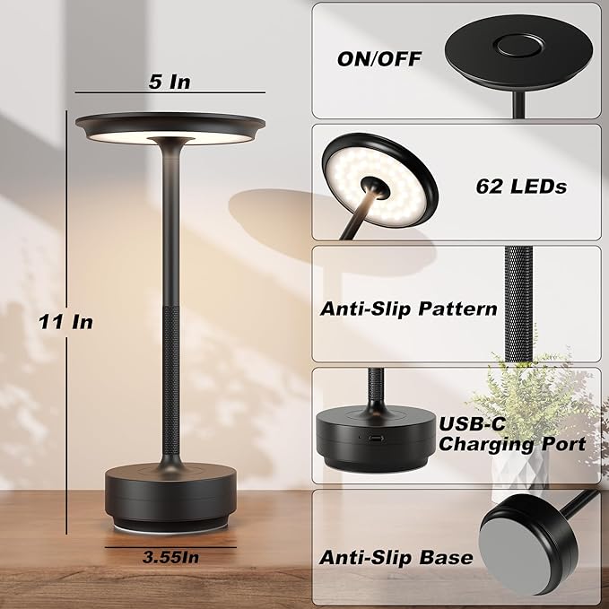 1 Pack Cordless Rechargeable Table Lamps, Portable 5000mAh Restaurant Table Lamp, 3 Color Stepless Dimming LED Table Light with Memory Function, for Outdoor/Dinner/Patio/Camping.(Black)