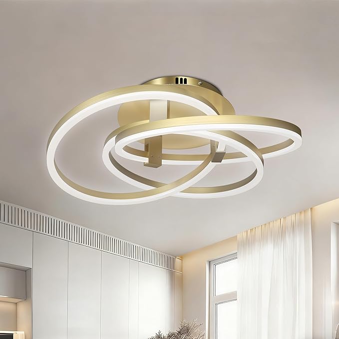 Maxax 23.5" Gold Led Ceiling Light Fixture, Modern 3 Rings Flush Mount Chandelier, Close to Ceiling Lamp for Bedroom Living Room Dining Room Kitchen, ETL Listed