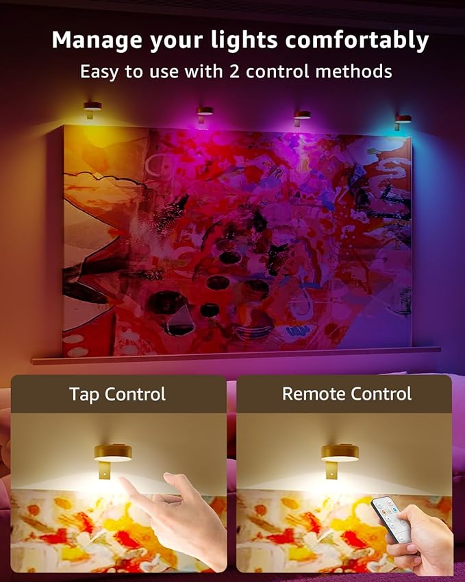 Wireless Picture Lights for Wall Art, 3 Pack 2600mAh USB Rechargeable RGB LED Frame Lights for Paintings Remote Gallery Light Battery Operated Accent Spotlight for Poster Photo Display Artwork Decor