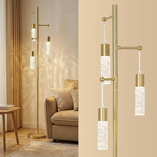 Gold Floor Lamps for Living Room, Modern Brass Standing Lamp with Bubble Crystal Shades, 3 Built-in LED Lights, ON/Off Foot Switch, Industrial Tall Tree Lamp for Bedroom Corner Home Office