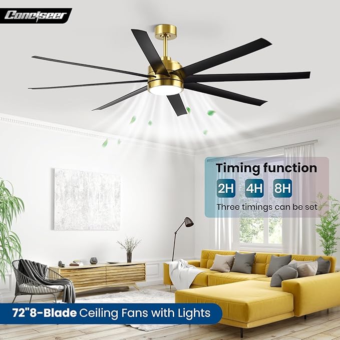 72 Inch Ceiling Fans with Lights and Remote for Living Room Kitchen Library Cafe Outdoor/Industrial Use, 3CCT Dimmable, Dual Color 8 Blades 6 Speed Reversible Quiet DC Motor, Gold/Black