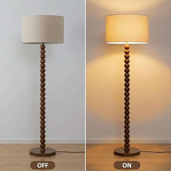 Buruis 61" Beaded Wood Floor Lamp with 17.2" Large Linen Shade, UL Listed, Retro Mid-Century Accent Walnut Finish Standing Lamp for Living Room, Bedroom, Office, Corner, Bulb Not Included, Beige