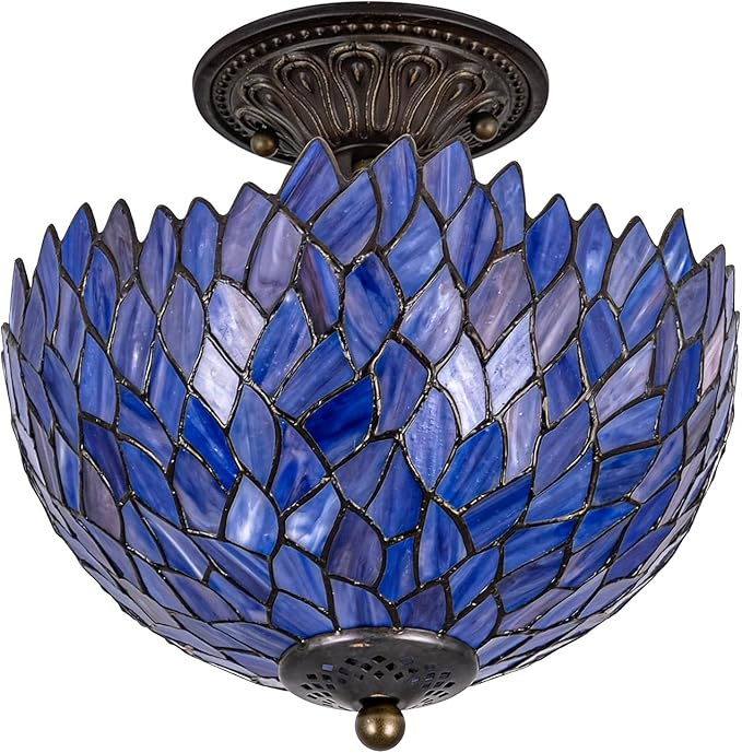 Wisteria Style Tiffany Ceiling Light Fixture Stained Glass Semi Flush Mount Lamp Wide 12 Inch Height 11 Inch Vintage Inspired Lighting Statement for Bedroom Hallway Entryway (Deep Blue)