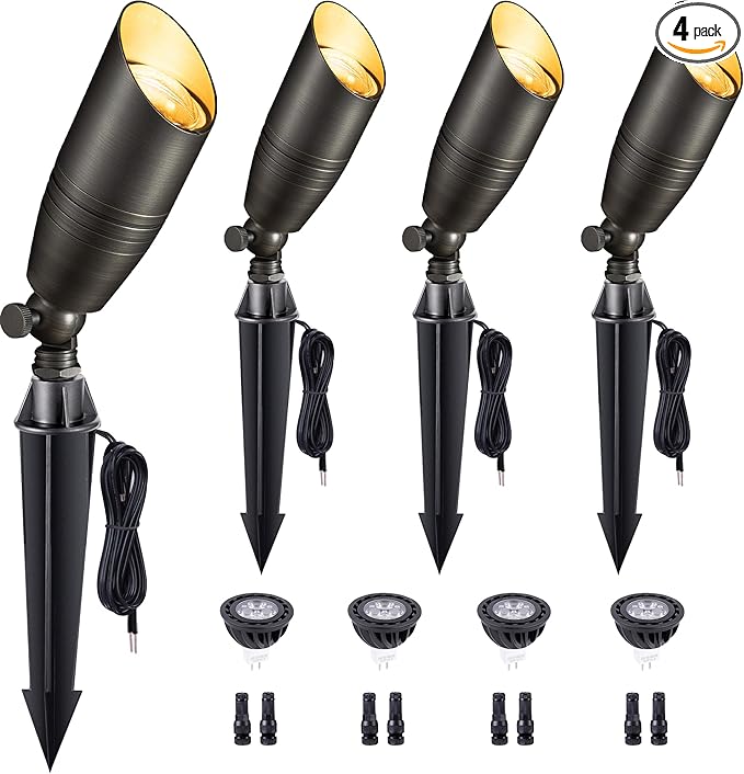 Gardenreet Brass Landscape Lighting - Low Voltage Spotlights Outdoor LED, 12V Wired Uplights, Waterproof Spot Lights, Bronze for Outside Trees with 5W 5000K Daylight MR16 Bulb (4 Pack) - Aura Lighting