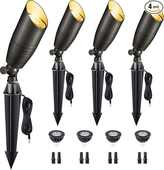 Gardenreet Brass Landscape Lighting - Low Voltage Spotlights Outdoor LED, 12V Wired Uplights, Waterproof Spot Lights, Bronze for Outside Trees with 5W 5000K Daylight MR16 Bulb (4 Pack) - Aura Lighting