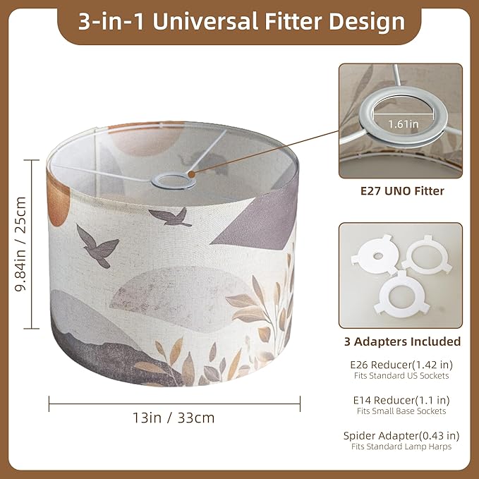 Fabric Drum Lampshades for Table, Floor Lamps, 13’’ Top x 13’’ Bottom x 10’’ High (Spider), Medium Size, Small Size Replacement, Vintage Bird Lampshades, Western, Boho Wabi-Sabi Style