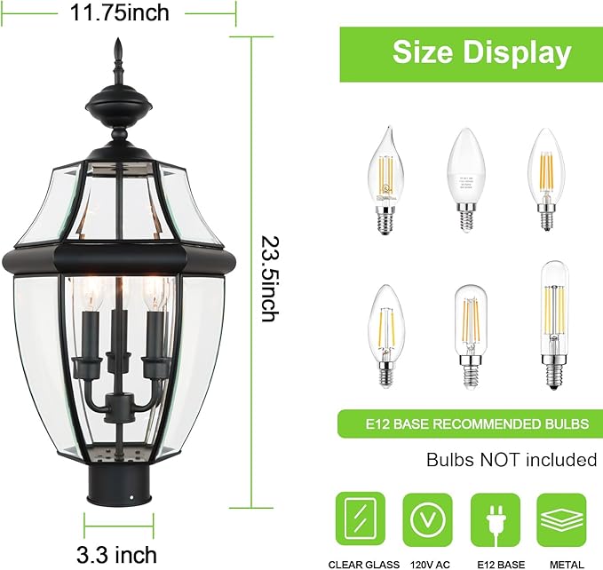 Kalium Outdoor Post Lights, 3 Light Lamp Post Light Fixture Hardwired with Clear Beveled Glass, 23" Large Waterproof Lamp Pillar Fixtures for Yard Pathway Porch Patio 60W Matte Black