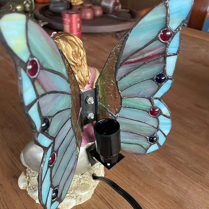 Bieye L10881 Butterfly Girl Sitting on Sea Snail Shell Tiffany Style Stained Glass Accent Table Lamp Night Light for Home Decoration