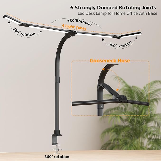 Office Home Desk Lamp,24W Super Bright Eye-Care Desk Lamp,Adjustable Gooseneck Office LED Task Light with Soft Non-Glare Lighting,Suitable for Studying,Reading (Black) - Aura Lighting