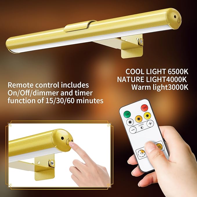 Wireless Picture Light, 16 in Picture Lights for Wall, Dimmable 5200mAh Recharging Battery Picture Light with Remote Control for Wall, Gallery Dartboard Art Bedroom