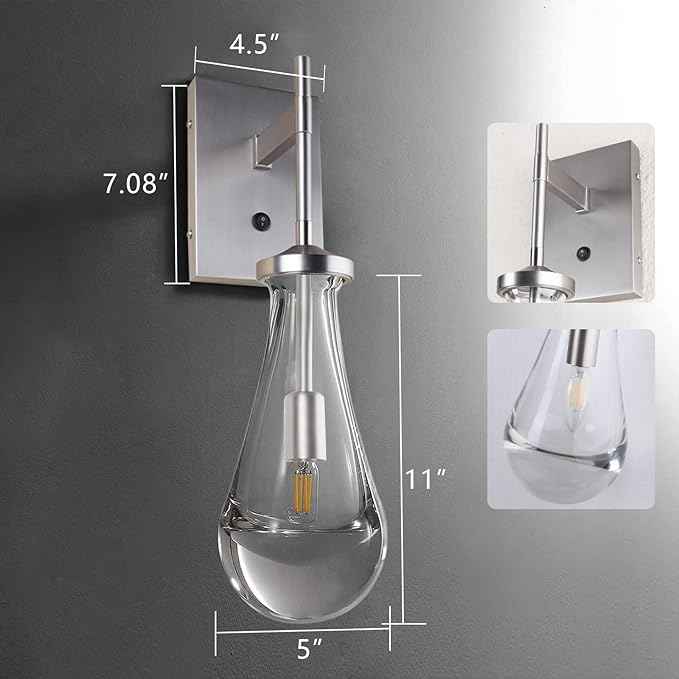 HuisMier Brushed Nickel Wall Sconce, Raindrop Wall Sconces with On Off Switch Button, Modern Clear Glass Wall Light Fixture Vanity Wall Lamp for Bathroom Bedroom Living Room Hallway