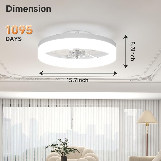 VOLISUN Low Profile Ceiling Fans with Lights and Remote,15.7in Modern Ceiling Fan Flush Mount, 3000K-6500K Dimmable Bladeless LED Fan Light,White Fandelier Ceiling Fans with Lights for Bedroom - Aura Lighting