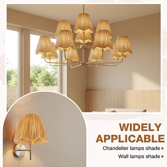 2 Pcs Clip-On Chandelier Lamps Shade Small Scalloped Lampshade 3"Top x 6"Bottom x 5-1/4"Slant Height Empire Brown Lamp Shade Chandelier or Accent Lamp(Raffia)