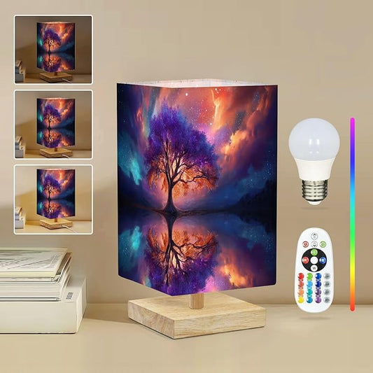 Square Table Lamp for Bedroom Mystical Tree Vibrant Purple Orange Foliage Reflecting Water under Beside Lamps Desk lamp with Wood Base Nightstand Lamps for Nursery Living Room Home Decor