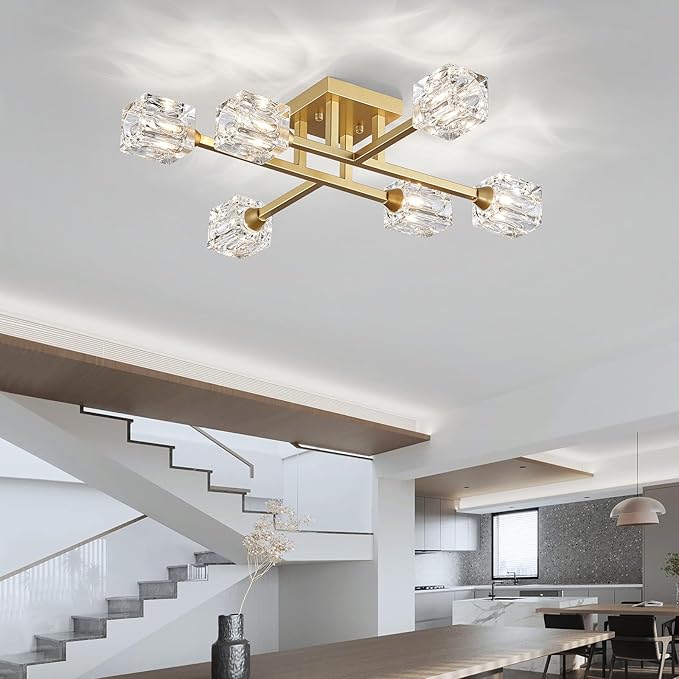 XINGQI Modern Ceiling Light Sputnik 6-Light Semi Flush Mount Ceiling Light Fixtures, Mid Century Antique Gold Chandeliers for Bedroom Dining Room Powder Room - Aura Lighting