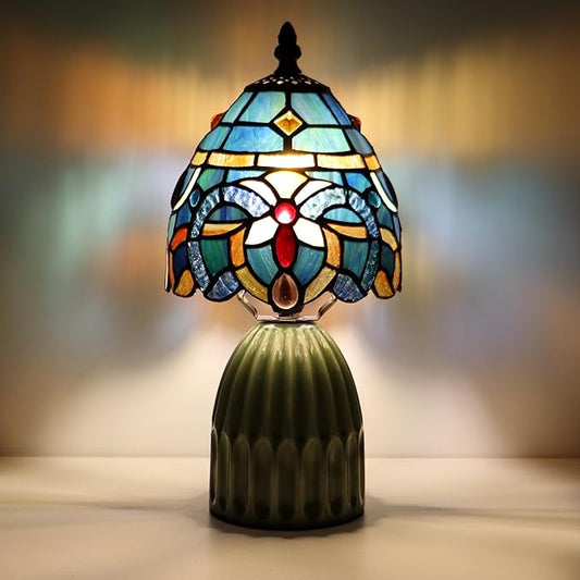 Tiffany Lamp Stained Glass Mushroom Table Lamps 6X6X12.5 Inch Sea Blue Baroque Style Small Night Light Ceramic Base Mini Accent Desk Light Suitable for Bedside Table Bedroom Children Room