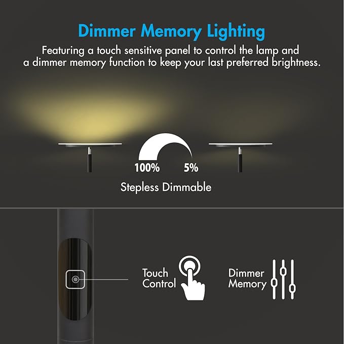 Tenergy Modern Torchiere Floor Lamp, 3000L LED, 30W, Remote Control, Touch Dimmer, 90° Adjustable, Warm White