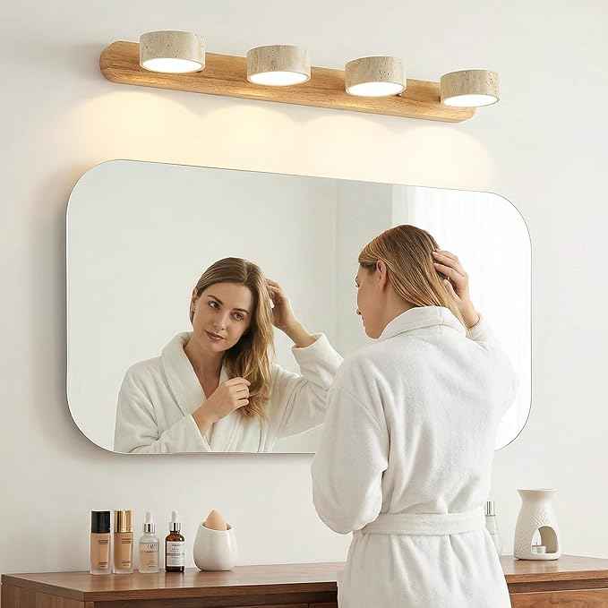 Travertine Vanity Light, 300° Swivel Japandi Ash Wood LED Wall Sconce, Natural Stone Mirror Lighting Fixtures, 27.6" 4-Light Modern Rustic Wall Lamp for Bathroom & Bedroom (110V)