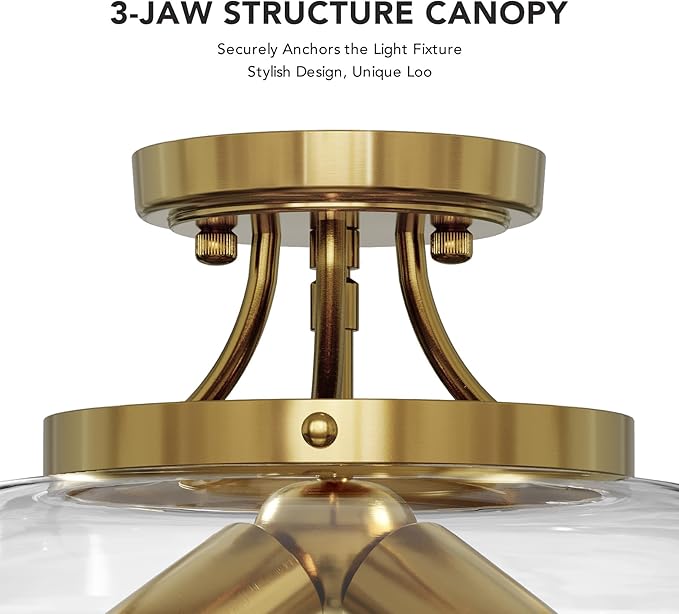 VONLUCE Semi Flush Mount Ceiling Light, 13.8" Ceiling Light Fixture with Clear Glass Shade, E26 Base, 3-Bulb Industrial Lighting Fixture for Hallway Entryway Bedroom, Brushed Gold, ETL Certificated - Aura Lighting