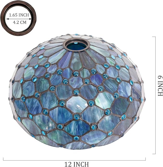 Tiffany Lamp Shade Replacement 12X6 Inch Stained Glass Lampshade Only 1-5/8-Inch Fitter Opening for Arched Floor Lamp, Torchiere Lamp, Pendant Light (Blue)