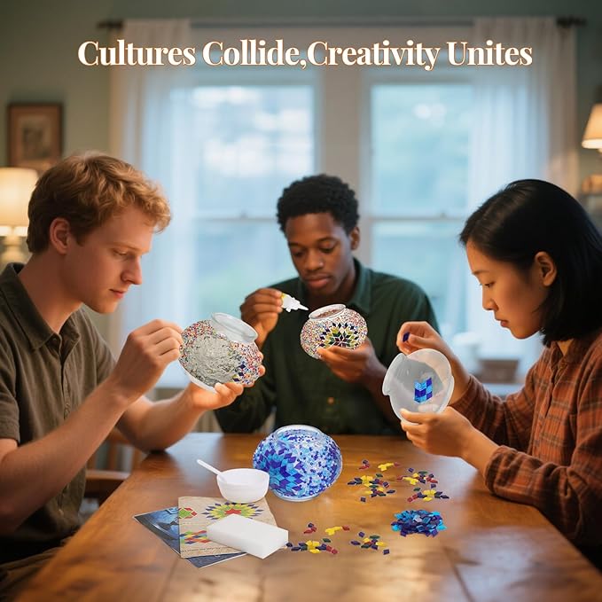 DIY Turkish Mosaic Lamp Kit, Stained Glass Table Lamp Making Kit- Easy and Fun, No Experience Needed, Mosaic Art & Craft Project Kits for Adults & Teens, Make Your Own Table Lamp,Blue