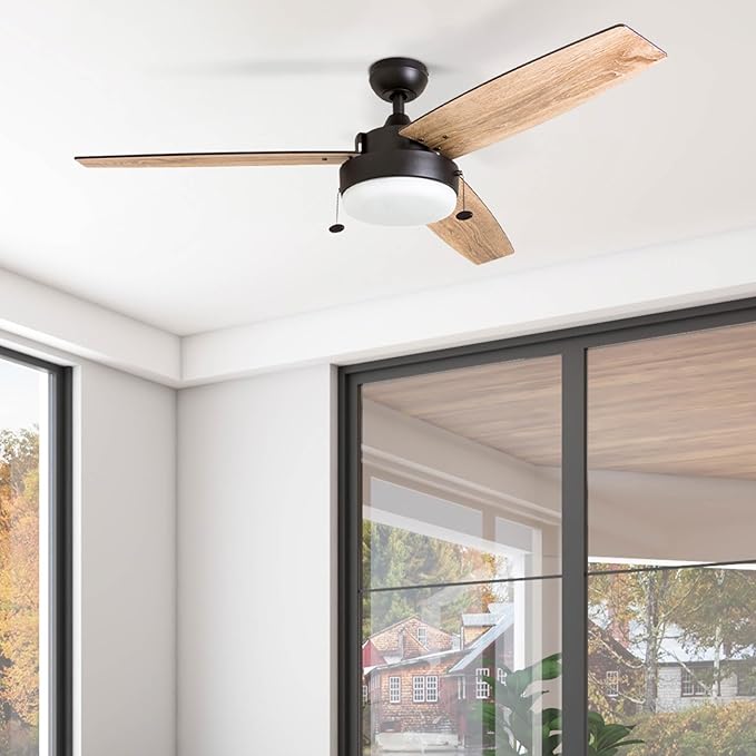 Prominence Home Statham, 52 Inch Contemporary Indoor LED Ceiling Fan with Light, Pull Chain, Dual Mounting Options, Modern Dual Finish Blades, Reversible Motor - 51018-01 (Espresso)