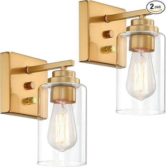Pia Ricco Wall Sconces Set of 2, Bedside Wall Lamps with Rotary Switch for Bedroom, Modern Bathroom Light Fixtures with Clear Glass Shade, Gold Sconces Wall Lights for Living Room, Hallway, Kitchen - Aura Lighting