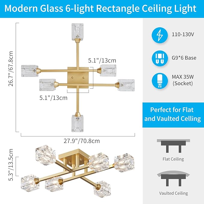 XINGQI Modern Ceiling Light Sputnik 6-Light Semi Flush Mount Ceiling Light Fixtures, Mid Century Antique Gold Chandeliers for Bedroom Dining Room Powder Room - Aura Lighting